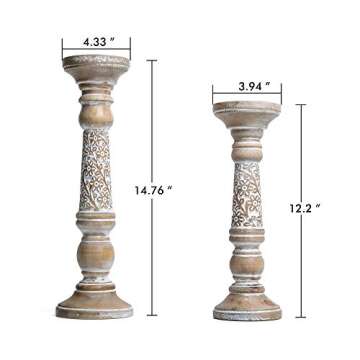 NIKKY HOME Farmhouse Candle Holder Set of 2 - Decorative Wood Pillar Candle Stand, Mantle Home Decor Centerpieces for Fireplace, Living or Dining Room Table, Distressed White