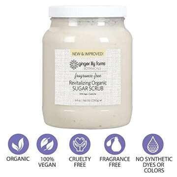 Ginger Lily Farms Botanicals Revitalizing Organic Sugar Scrub, All-Natural Skin Exfoliating Sugar Crystals, 100% Vegan & Cruelty-Free, Fragrance-Free, 64 oz.