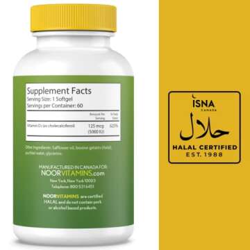 Noor Vitamins Halal Vitamin D3 Softgels 5000 IU - Support Bone and Immune Health