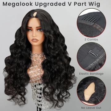 MEGALOOK 20 Inch V Part Wig Human Hair for Black Women