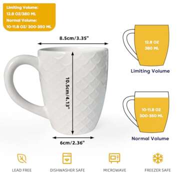 Schliersee 12 OZ White Ceramic Coffee Mugs set of 6, Stylish Embossed Coffee Cups Set for Coffee, Te...