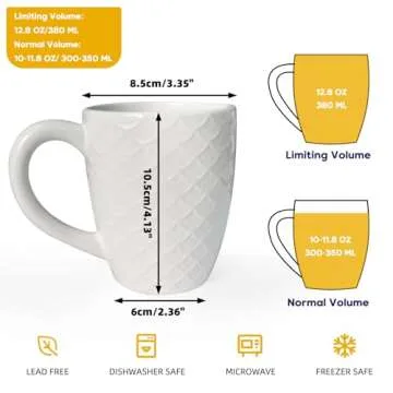 Schliersee 12 OZ White Ceramic Coffee Mugs set of 6, Stylish Embossed Coffee Cups Set for Coffee, Te...