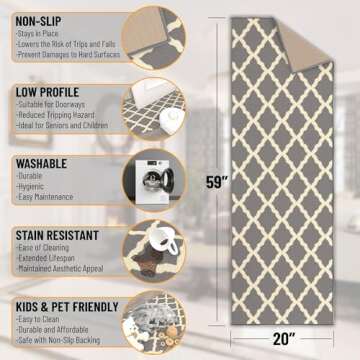 Machine Washable Moroccan Trellis Design Non-Slip Rubberback 2x5 Traditional Indoor Runner Rug for Hallway, Kitchen, Bedroom, Entryway, 20" x 59", Gray