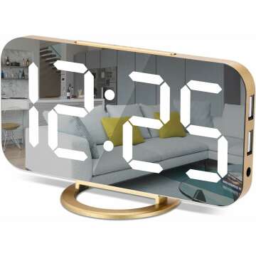 Modern Digital Alarm Clock with USB Ports & Mirrored Display