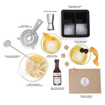 Whiskey Cocktail Kit: Rocks Drinking Glass Set, 750ml Crystal Mixing Glass, Ice Cube Mold, Stainless...