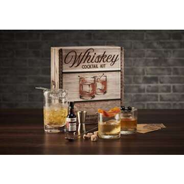Whiskey Cocktail Kit: Rocks Drinking Glass Set, 750ml Crystal Mixing Glass, Ice Cube Mold, Stainless Bar Spoon Muddler, Strainer, Jigger, Garnish Picks, Bitters, Recipes Cards for Old Fashioned & More
