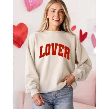 MAPICK Lover Crewneck Sweatshirt Women Letter Chenille Patch Sweaters Oversized Long Sleeve Clothes(Apricot, Large)