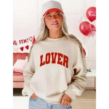 MAPICK Lover Crewneck Sweatshirt Women Letter Chenille Patch Sweaters Oversized Long Sleeve Clothes(Apricot, Large)