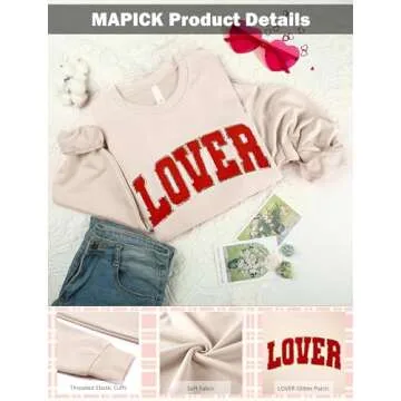 MAPICK Lover Crewneck Sweatshirt Women Letter Chenille Patch Sweaters Oversized Long Sleeve Clothes(Apricot, Large)