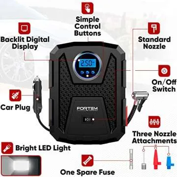 FORTEM Tire Inflator Portable Air Compressor 150 PSI Electric Pump with LED Light