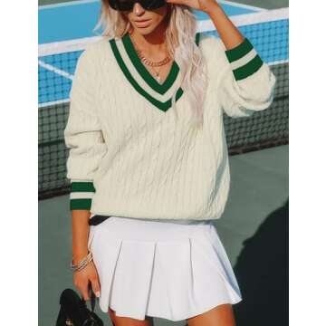 InterNos Women's Casual V Neck Long Sleeve Sweater Trendy Striped Pullover Cable Knit Preppy Sweaters(0132-Green-M)