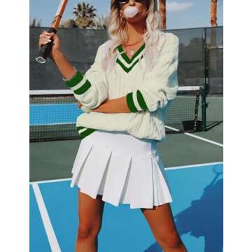 InterNos Women's Casual V Neck Long Sleeve Sweater Trendy Striped Pullover Cable Knit Preppy Sweaters(0132-Green-M)