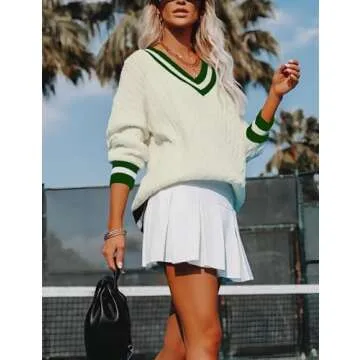 InterNos Women's Casual V Neck Long Sleeve Sweater Trendy Striped Pullover Cable Knit Preppy Sweaters(0132-Green-M)