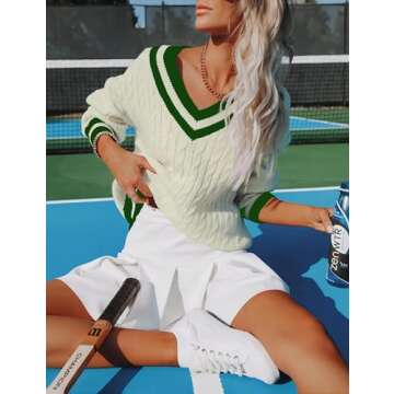 InterNos Women's Casual V Neck Long Sleeve Sweater Trendy Striped Pullover Cable Knit Preppy Sweaters(0132-Green-M)