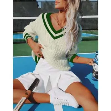 InterNos Women's Casual V Neck Long Sleeve Sweater Trendy Striped Pullover Cable Knit Preppy Sweaters(0132-Green-M)