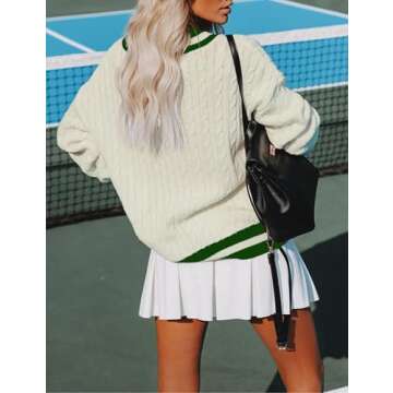 InterNos Women's Casual V Neck Long Sleeve Sweater Trendy Striped Pullover Cable Knit Preppy Sweaters(0132-Green-M)