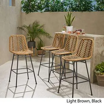 Great Deal Furniture GDFStudio Outdoor Wicker Barstools (Set of 4), Light Brown and Black