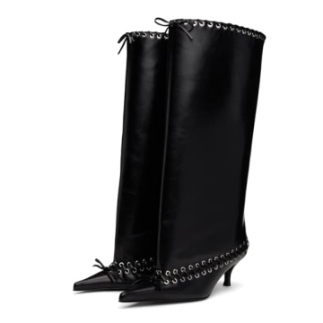 Goolita Women's Kitten Heel Knee High Boots Wide Calf