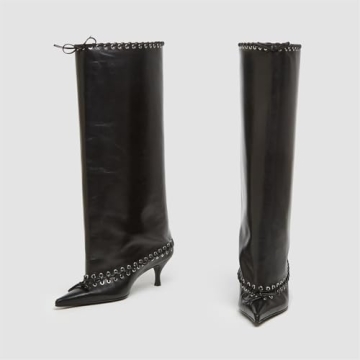 Goolita Women's Kitten Heel Knee High Boots Wide Calf