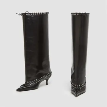 Goolita Women's Kitten Heel Knee High Boots Wide Calf