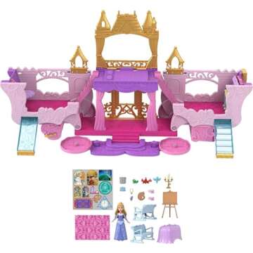 Mattel Disney Princess Toys, Carriage to Castle Transforming Playset with Aurora Small Doll, 4 Figures, Furniture & Accessories