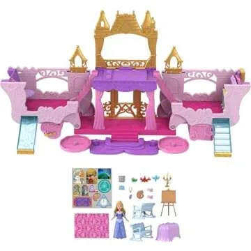 Mattel Disney Princess Toys, Carriage to Castle Transforming Playset with Aurora Small Doll, 4 Figures, Furniture & Accessories