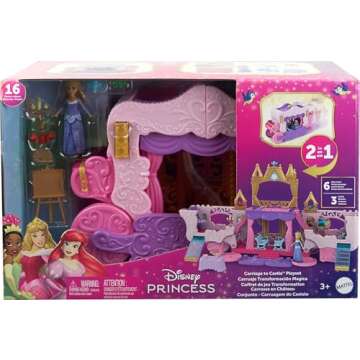 Mattel Disney Princess Toys, Carriage to Castle Transforming Playset with Aurora Small Doll, 4 Figures, Furniture & Accessories
