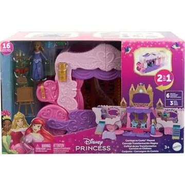 Mattel Disney Princess Toys, Carriage to Castle Transforming Playset with Aurora Small Doll, 4 Figures, Furniture & Accessories