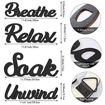 Jetec 4 Pcs Farmhouse Bathroom Wall Decors Relax Soak Unwind Breathe Wooden Word Sign Hanging Decorative Cutout Word Sign Rustic Primitive Wall Arts Vintage Wooden Decorations (Black)