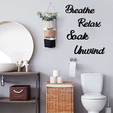 Jetec 4 Pcs Farmhouse Bathroom Wall Decors Relax Soak Unwind Breathe Wooden Word Sign Hanging Decorative Cutout Word Sign Rustic Primitive Wall Arts Vintage Wooden Decorations (Black)