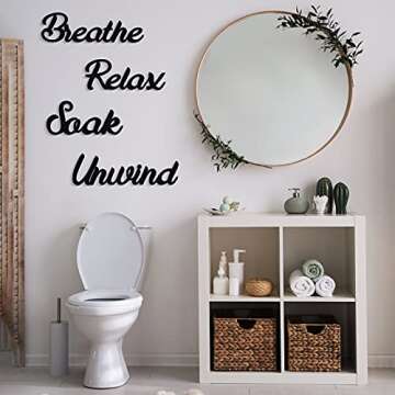 Jetec 4 Pcs Farmhouse Bathroom Wall Decors Relax Soak Unwind Breathe Wooden Word Sign Hanging Decorative Cutout Word Sign Rustic Primitive Wall Arts Vintage Wooden Decorations (Black)