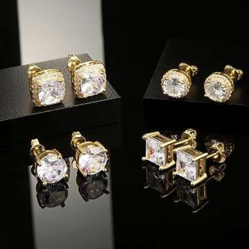 Zankulas Cubic Zirconia Stud Earrings for Women Mens Earrings Hypoallergenic Sterling Silver Post Square CZ Studs Set Gold