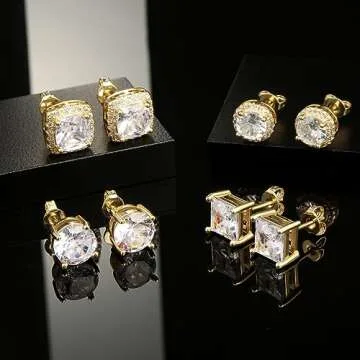 Zankulas Cubic Zirconia Stud Earrings for Women Mens Earrings Hypoallergenic Sterling Silver Post Square CZ Studs Set Gold