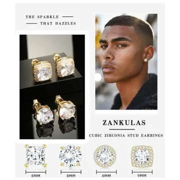 Zankulas Cubic Zirconia Stud Earrings for Women Mens Earrings Hypoallergenic Sterling Silver Post Square CZ Studs Set Gold