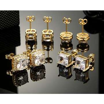 Zankulas Cubic Zirconia Stud Earrings for Women Mens Earrings Hypoallergenic Sterling Silver Post Square CZ Studs Set Gold
