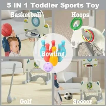 HouzeFun 5 in 1 Adjustable Height Toddler Sports Activity Center, Indoor Outdoor Sports Toy Set with...
