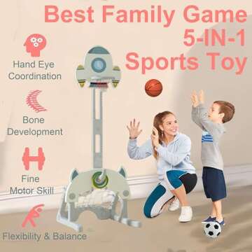 HouzeFun 5 in 1 Adjustable Height Toddler Sports Activity Center, Indoor Outdoor Sports Toy Set with Basketball Hoop Soccer Golf Hoops Bowling, Best Sports Gift for Kids Ages 3-5 4-8 8-12（White）