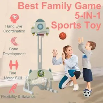 HouzeFun 5 in 1 Adjustable Height Toddler Sports Activity Center, Indoor Outdoor Sports Toy Set with Basketball Hoop Soccer Golf Hoops Bowling, Best Sports Gift for Kids Ages 3-5 4-8 8-12（White）