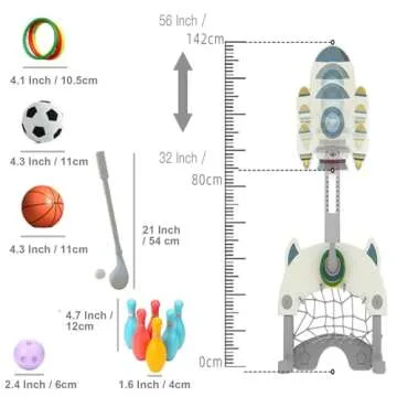 HouzeFun 5 in 1 Adjustable Height Toddler Sports Activity Center, Indoor Outdoor Sports Toy Set with Basketball Hoop Soccer Golf Hoops Bowling, Best Sports Gift for Kids Ages 3-5 4-8 8-12（White）