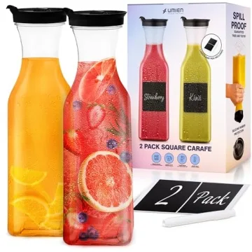 Umien 50 Oz Spill-proof Water Carafe with Flip Top Lid - Clear Plastic Pitcher for Water, Milk, Iced...