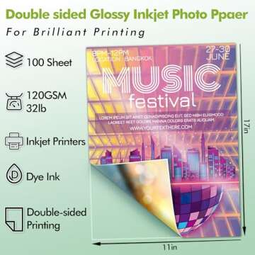 Koala Double Side Thin Glossy Photo Paper 11x17 Inches 120gsm 100 Sheets Compatible with Inkjet Prin...
