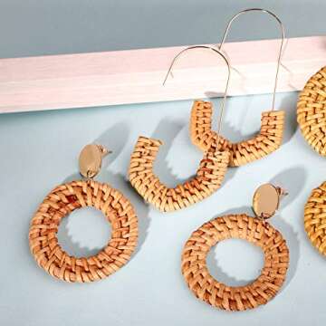 FIFATA 18 Pairs Vacation Statement Earrings for Women Straw Rattan Earrings Acrylic Resin Hoop Drop Dangle Earrings Set Hypoallergenic for Sensitive Ears