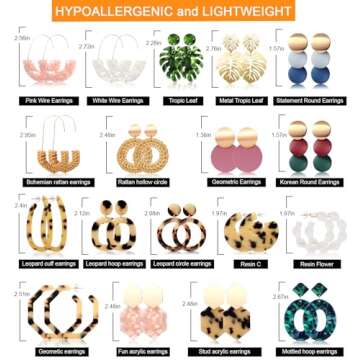 FIFATA 18 Pairs Vacation Statement Earrings for Women Straw Rattan Earrings Acrylic Resin Hoop Drop Dangle Earrings Set Hypoallergenic for Sensitive Ears