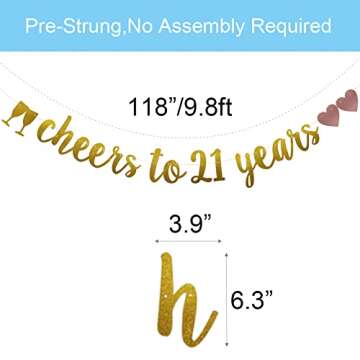 Cheers to 21 Years Banner, Pre-Strung, Gold Glitter Paper Garlands for 21st Birthday / Wedding Anniversary Party Decorations Supplies, No Assembly Required,(Gold)SUNbetterland