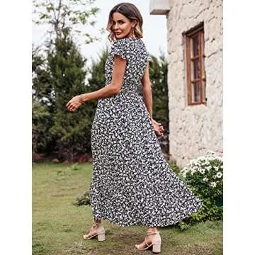 PRETTYGARDEN Womens Summer Dresses 2025 Casual Short Sleeve Swiss Dot Maxi Dress for Wedding Guest V Neck Flowy Long Dresses(Black Apricot, Large)