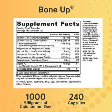 Jarrow Formulas BoneUp - 240 Capsules - 120 Servings - for Bone Support & Skeletal Nutrition - Includes Naturally Derived Vitamin D3, K2 (as MK-7) & 1000 mg Calcium - Gluten Free - Non-GMO