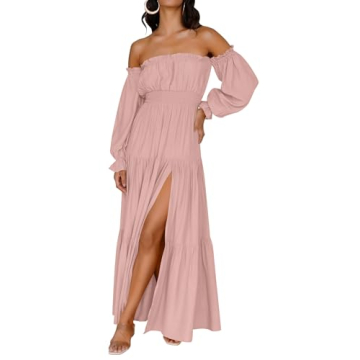 ZESICA Women's Boho Sexy Off Shoulder Long Sleeve Smocked High Waist Side Split Flowy A Line Tiered ...