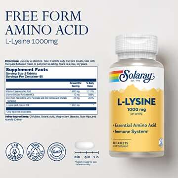 SOLARAY L Lysine - Free-Form Essential Amino Acid - Immune Support Supplement with 1000mg L-Lysine, ...