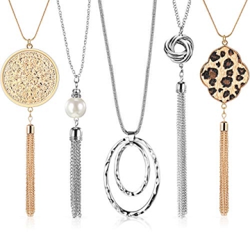 Hicarer 5 Pieces Tassel Long Necklaces for Women Knot Disk Tassel Statement Boho Sweater Chain Neckl...