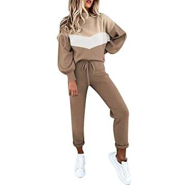 Meenew Womens 2 Piece Sweatsuit Outfits Long Sleeve Pullover Tops High Waist Jogger Pants Lounge Sets Beige L